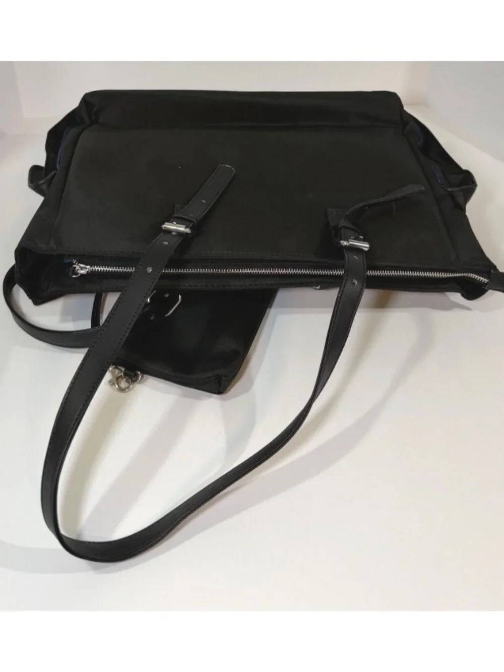 Black Laptop Tote Bag Large Work Shoulder Bag Blue Interior w/Pouch